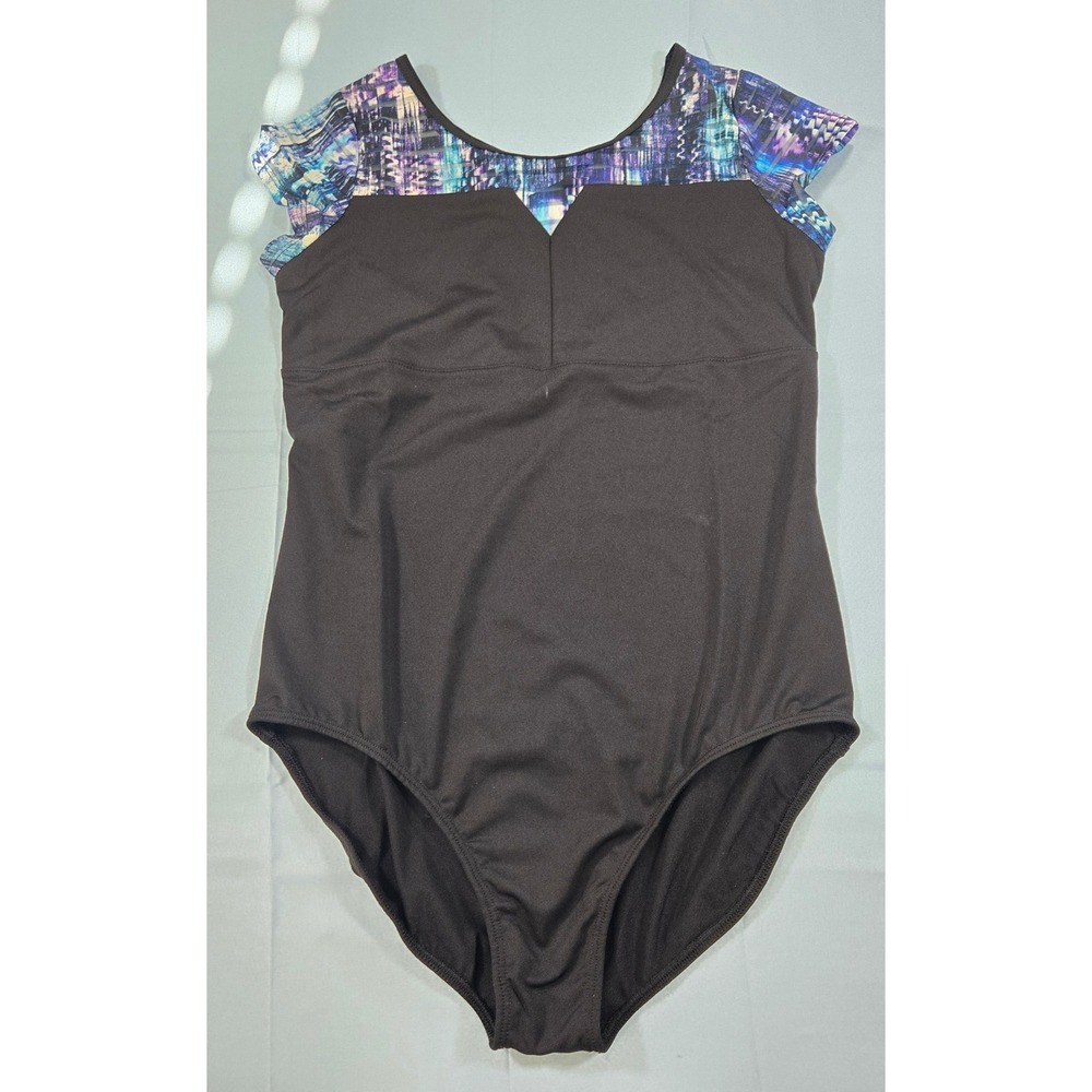 Black Gymnastics Leotard Blue Purple Print Flutter Sleeve Keyhole Back Kids